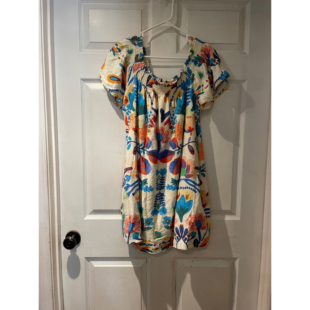 Umgee Womens Small Floral Smocked Square Neck Short Sleeve Mini Dress Cream